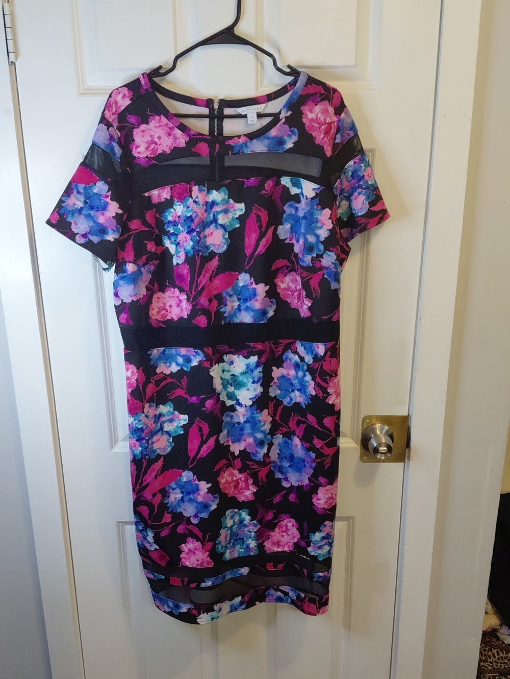 Black Floral Sheath Dress with Pink & Blue Blooms and Mesh Insets